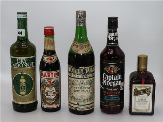 1 x bottle of Captain Morgan, 1 x Noilly Prat, 1 x Contreau, 1 x Dry Dubonnet and 1 x Martini Rosso
